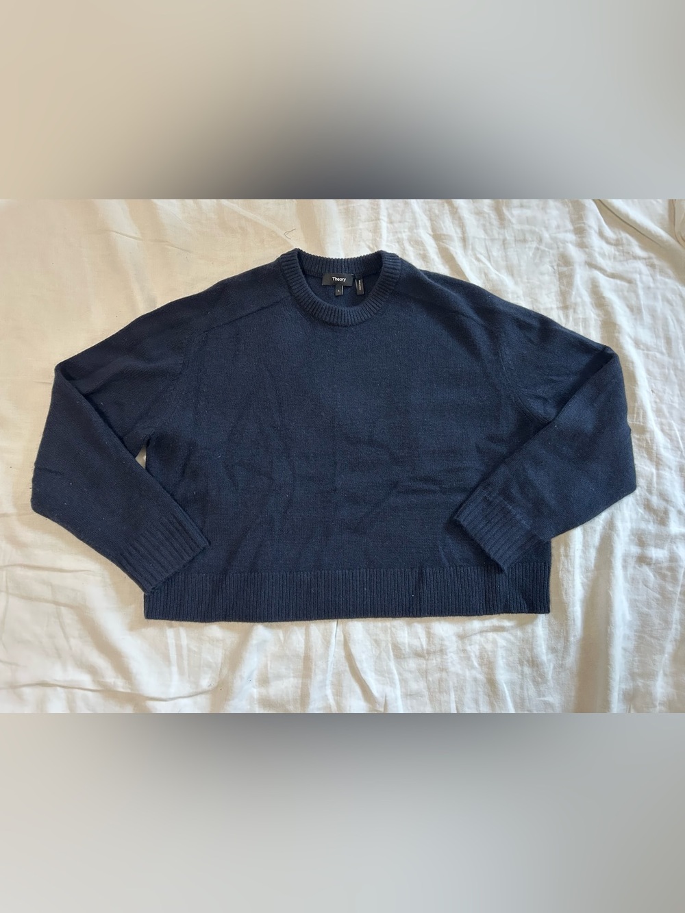 Theory Cropped Navy Crewneck Cashmere Sweater